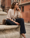 Khaki Bernice Tie-Front Blouse with V-neck and textured stripe satin print