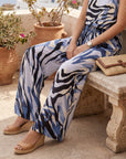 Cora Drawstring Pants wide-leg light and dark blue abstract print with adjustable drawstring waist and side pockets