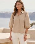 Evelyn Puff Sleeve Top in soft stretch cotton with structured collar and button front closure