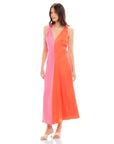 Verity Two-Tone Midi Dress with coral and pink color blocking, pleated A-line silhouette, low V-neck, and midi length.