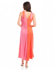 Back view of Verity Two-Tone Midi Dress in coral and pink with A-line silhouette and pleated detail