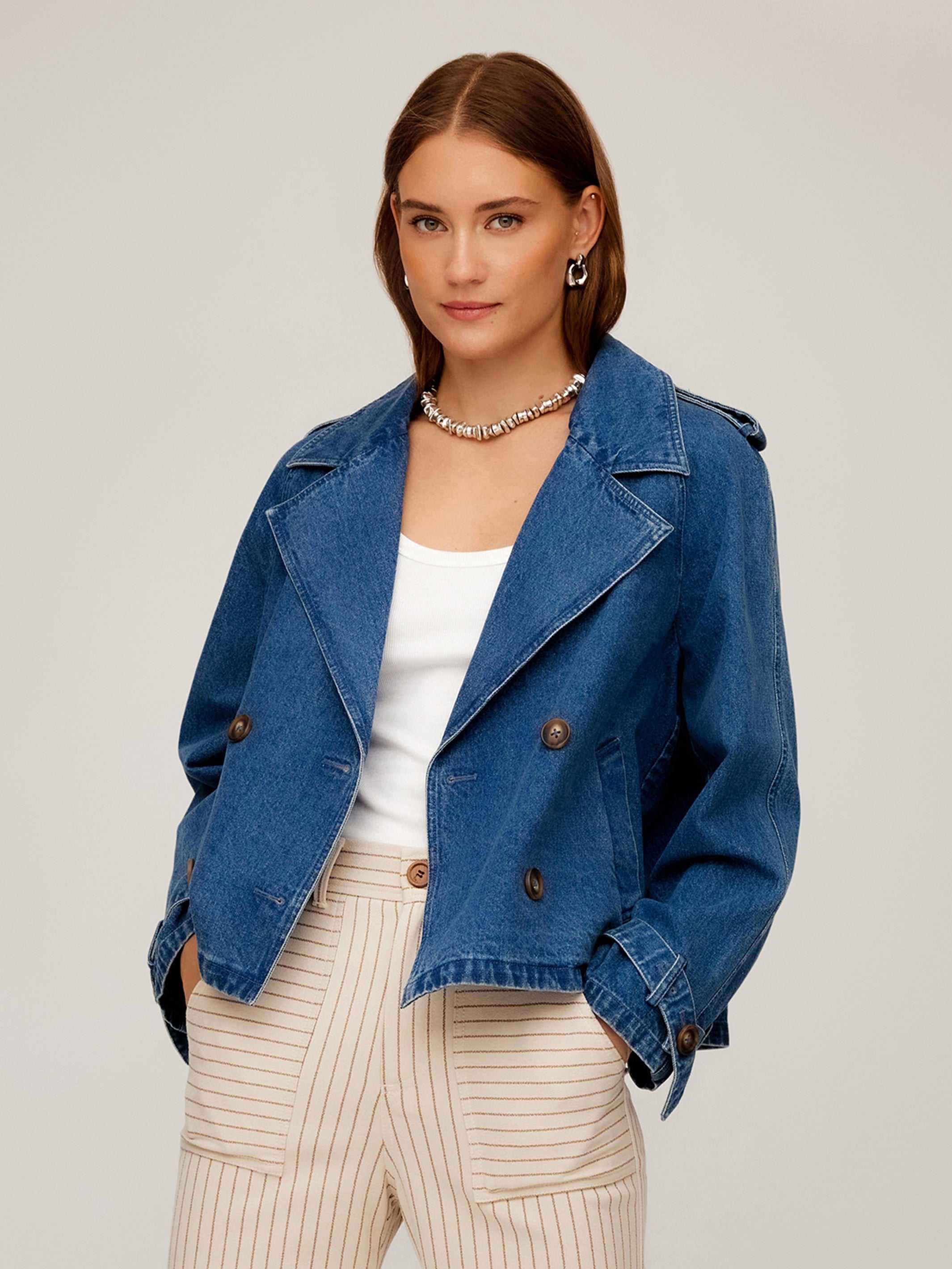 Chelsea Cropped Trench denim jacket with boxy fit, notch collar, and double breast button front closure