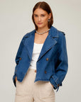 Chelsea Cropped Trench denim jacket with boxy fit, notch collar, and double breast button front closure