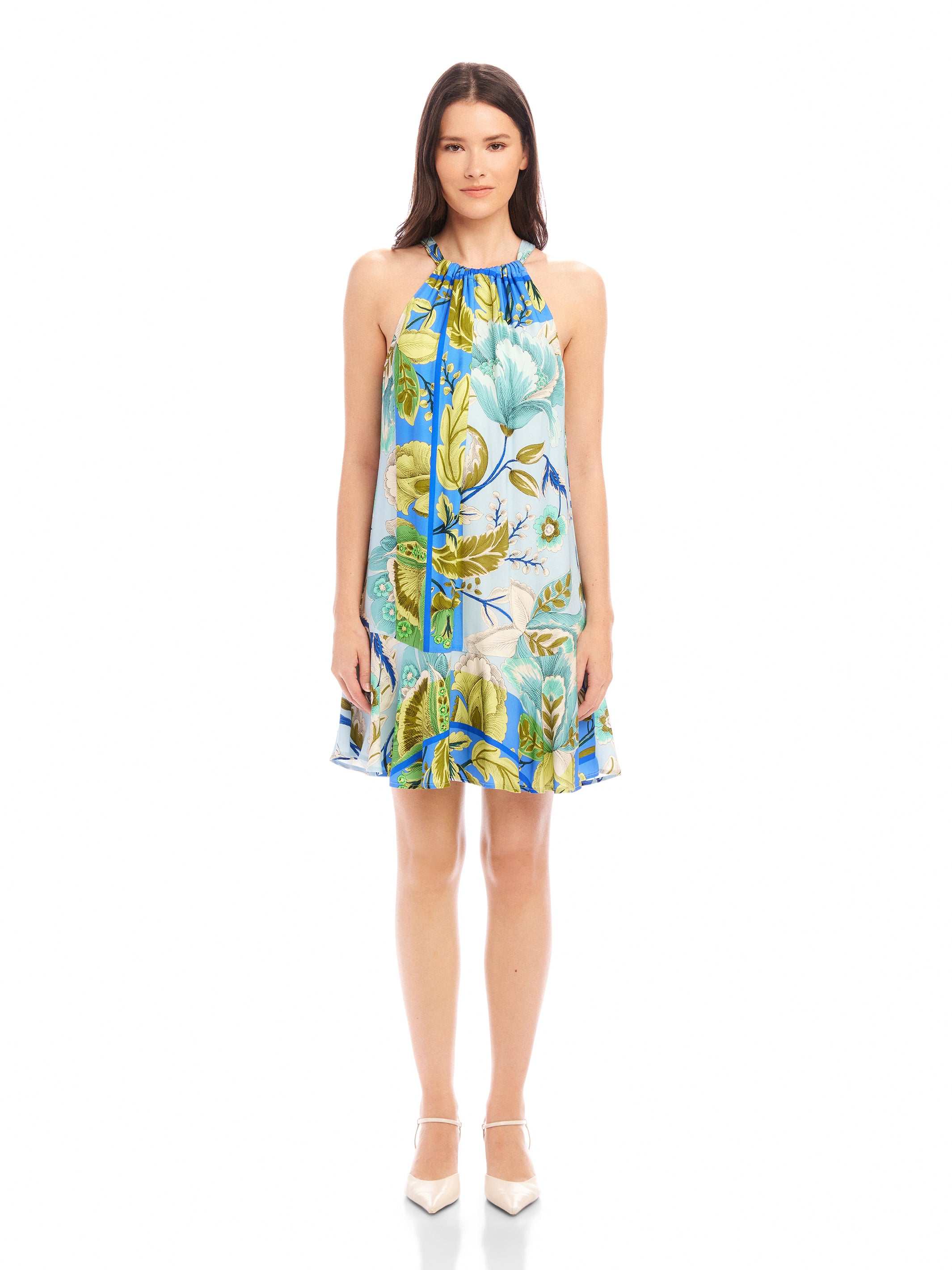 Brenda Ruffle Hem Dress sleeveless halter neck floral botanical scarf print flowy spring dress