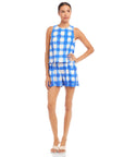 Beatrix Button Tank sleeveless boxy top with blue and white Italian watercolor check print, crew neck, and side shell buttons.