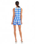 Woman wearing blue and white check Beatrix Button Tank with matching shorts, back view