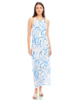 Woman wearing a blue painted paisley print Sera A-Line Dress with adjustable spaghetti straps and round neck