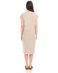 Back view of a woman wearing a Lucia Stripe Dress with boxy fit, cap sleeves, and vertical stripes