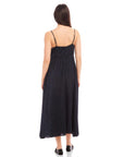 Back view of Leanna Midi Dress in black crushed satin with adjustable spaghetti straps and relaxed fit