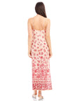 Back view of woman wearing Jaylen Border Print Dress with red floral watercolor border print and adjustable straps