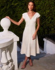 Lilia A-Line Midi Dress in natural cotton-linen blend with V-neck and short sleeves