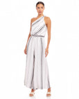 Woman wearing Vivienne Wide-Leg Pants in breathable striped linen blend for a chic casual look