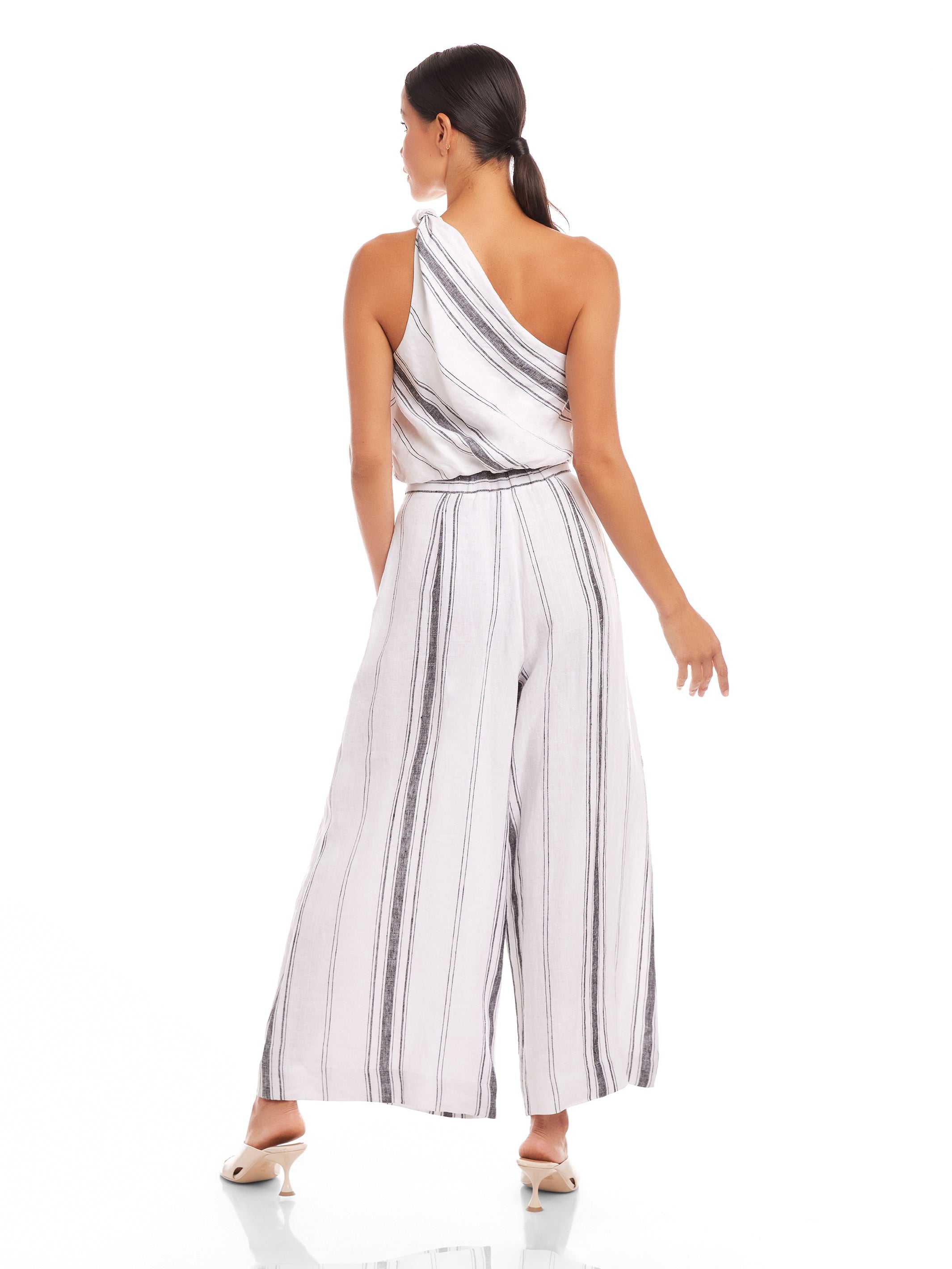 Back view of model wearing Vivienne Wide-Leg Pants in striped linen blend with a relaxed fit and elastic waistband