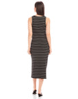 Back view of woman wearing black and white striped sleeveless Maddie Side-Knot Midi Dress with round neckline and fitted silhouette.