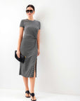 Gianna Side-Knot Dress black and white striped midi dress with side knot and slit in jersey fabric