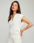 Morgan V-Neck Top in soft white fleece, featuring a split V-neck, contrast trim, and short sleeves