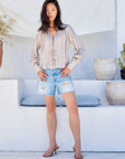 Khaki Kayla Bow Detail Blouse with V-neckline, textured stripe satin, bow-tie accents, and buttoned cuffs