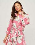 Sawyer Tie-Front Top in peony pink watercolor floral cotton with mandarin collar and 3/4 sleeves