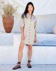 Phoebe Lantern Sleeve shirtdress with button-front, voluminous lantern sleeves, and crisp collar above knee length