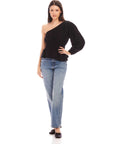 Woman wearing a black Talia One-Shoulder Top with elastic waist and asymmetrical long sleeve paired with blue jeans and black flats