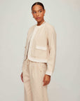 Myra Contrast Cropped Jacket in lightweight yarn-dyed stripe with contrast trim, button-front, long sleeves, and flap pockets