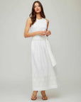 Seline Contrast Midi Dress sleeveless fitted rib-knit bodice with embroidered skirt and tie waist