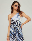Vanita One-Shoulder Top in abstract blue print with asymmetrical neckline and relaxed drape