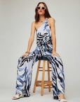 Cora Drawstring Pants wide-leg blue abstract print with adjustable drawstring waist and side pockets