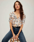 Sam Short Sleeve Button-Up Top in khaki with off-white floral print and scoop neck