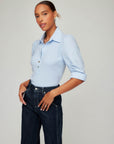 Camden Contrast Pleat Sleeve Henley Top with soft rib knit body and crisp pleated contrast sleeves, featuring a henley neckline and button placket.