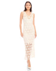 Woman wearing sleeveless Kelsie Crochet Dress with floral crochet design and scoop neckline