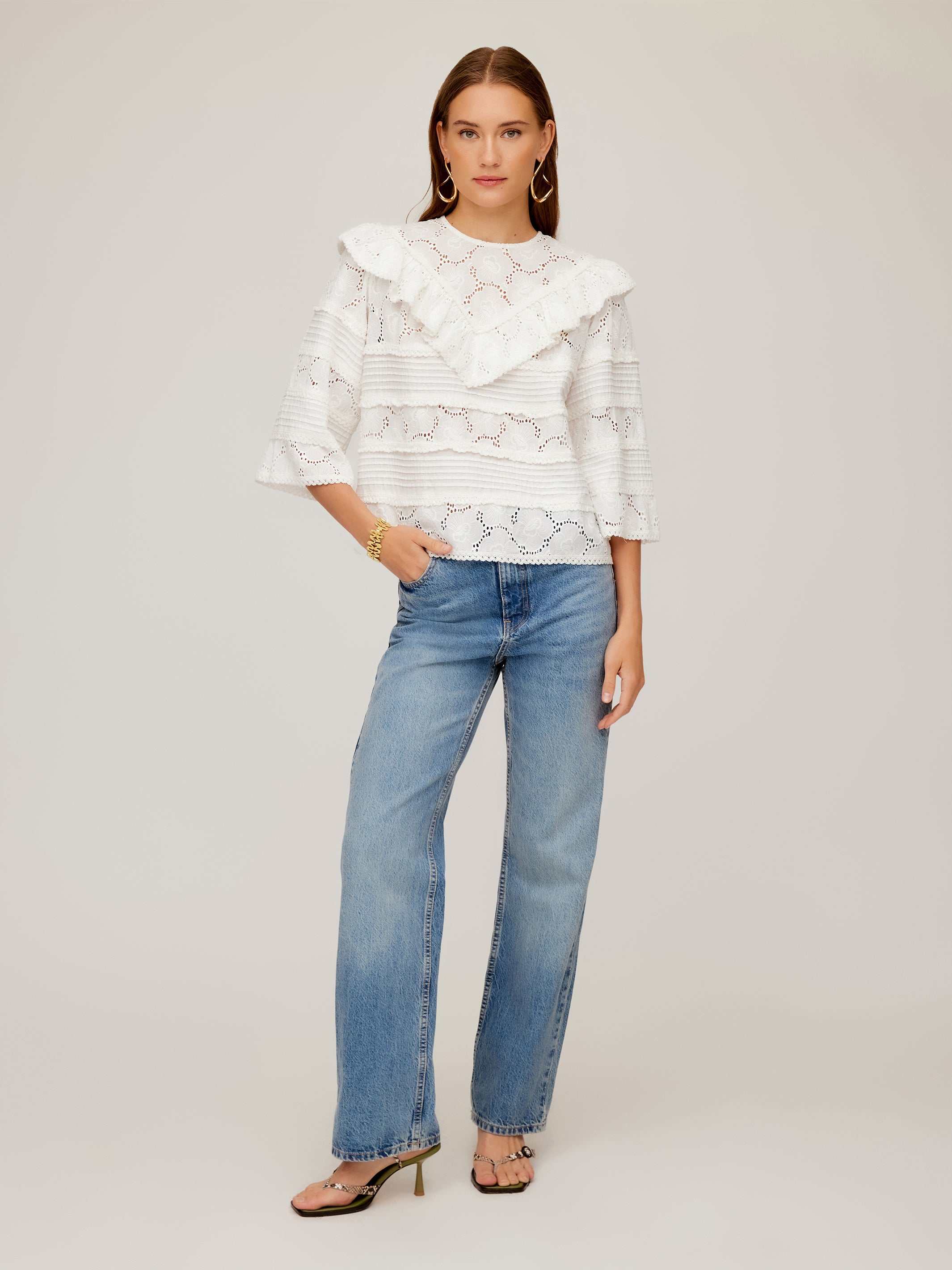 Woman wearing white Flora Eyelet Lace Top with embroidered floral eyelet design and ruffle trim, paired with blue jeans and heels.