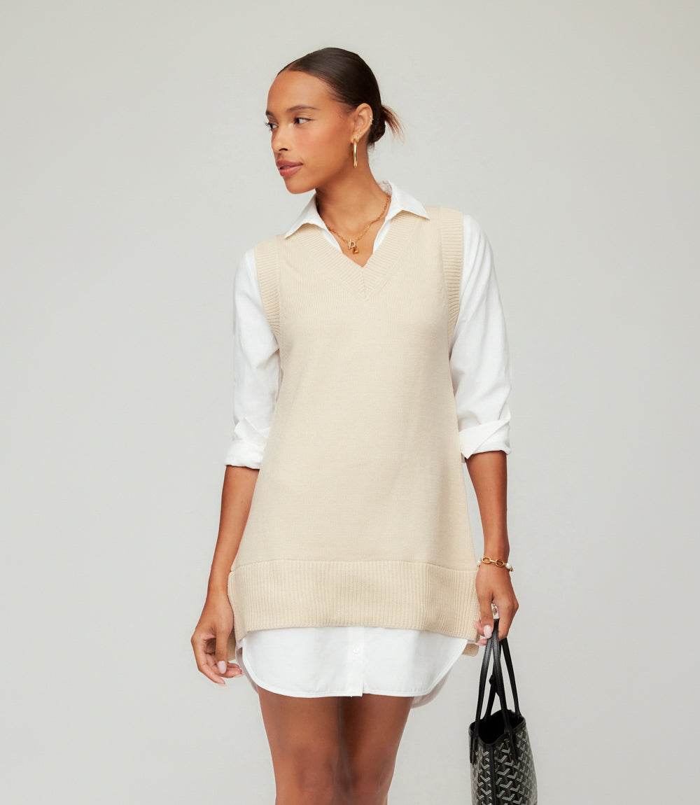 Fifteen Twenty Elora Mixed Media Vest Dress - Oatmeal - L Fifteen Twenty Elora Mixed Media Vest Dress - Oatmeal - L