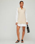 Elora mixed media vest dress with collar and button-cuff sleeves above knee length