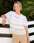 Lightweight Faye Crochet Sweater Top with crew neck and short sleeves in semi-sheer knit