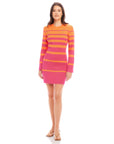 Naya Variegated Stripe Dress with long bell sleeves in soft sweater material and body con silhouette