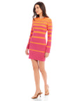 Naya Variegated Stripe Dress with long bell sleeves in pink and orange sweater material, fitted mini silhouette.
