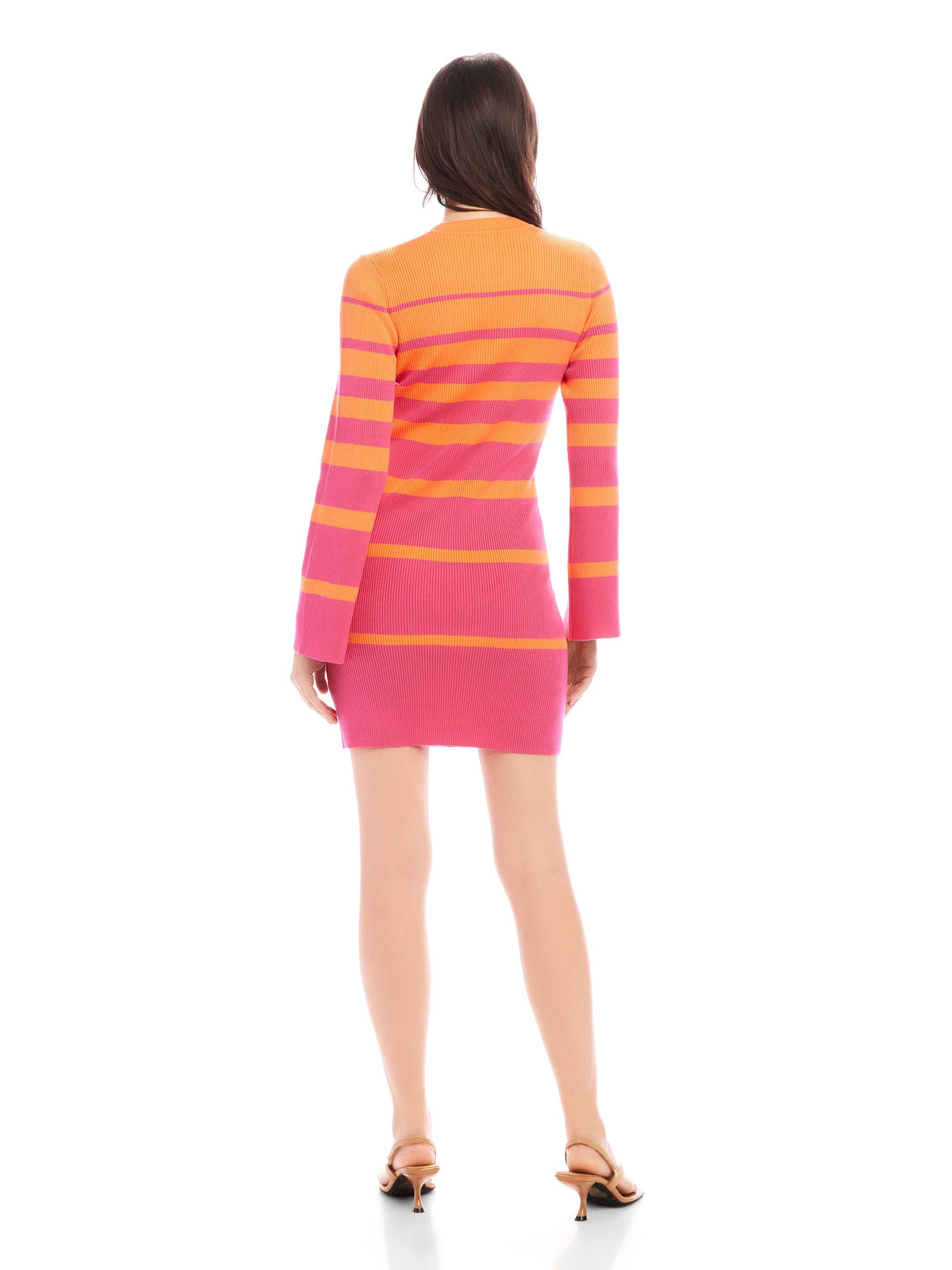 Back view of Naya Variegated Stripe Dress in pink and orange with long bell sleeves and fitted mini silhouette