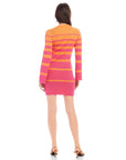 Back view of Naya Variegated Stripe Dress in pink and orange with long bell sleeves and fitted mini silhouette