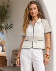 Gemma Crochet Shirt with crochet collar, boxy fit, scalloped edge, and front pockets