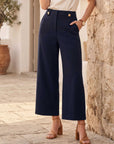 Janice Cropped Wide-Leg Pants in double stretch twill with high-rise waist, wide-leg cropped silhouette, side pockets, and gold button details.