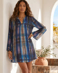 Layne Mini Dress blue watercolor satin print with long sleeves and keyhole neckline