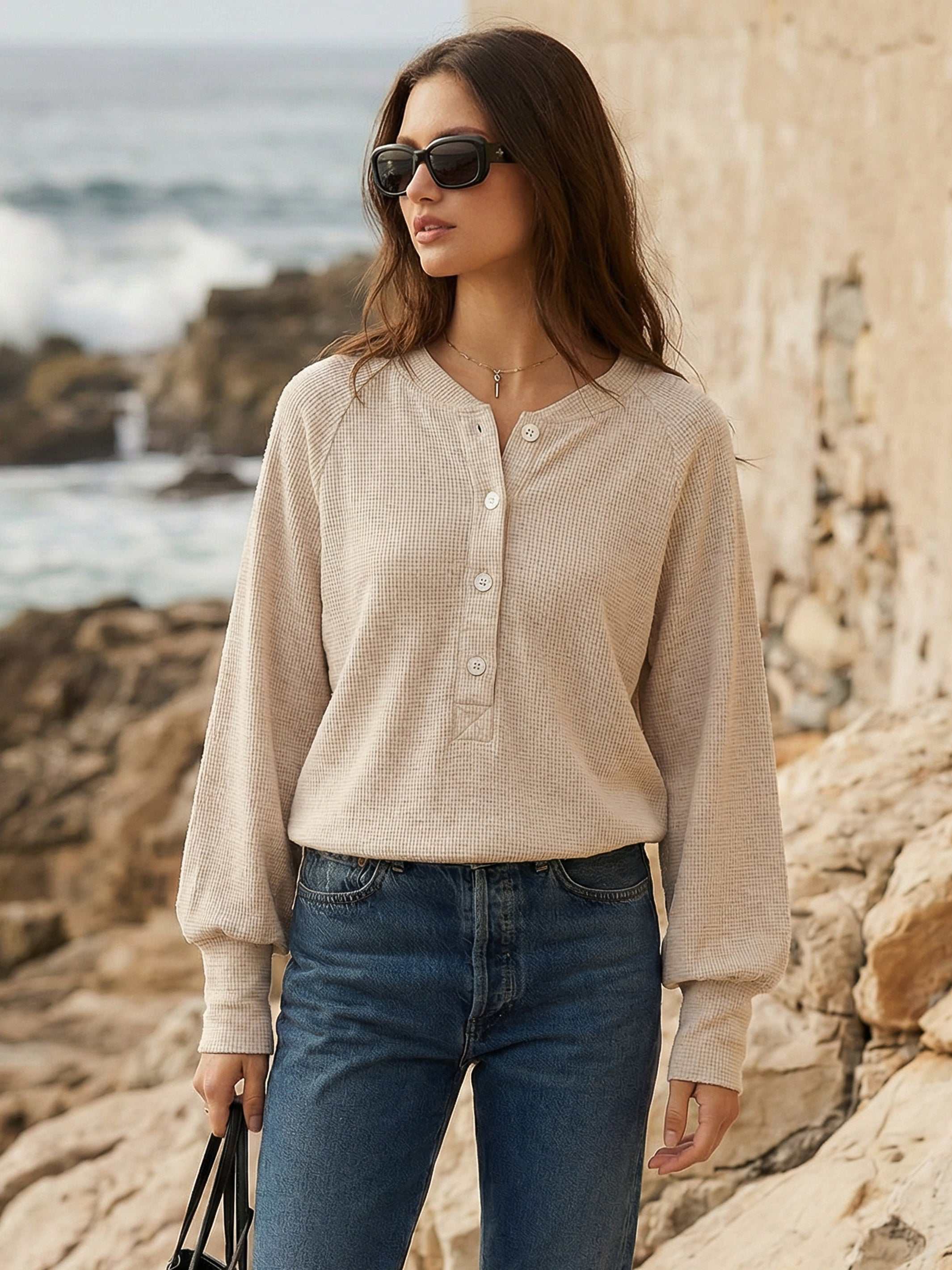 Mara Henley Top - Casual French Terry V-Neck with Button Placket