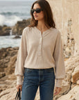 Mara Henley Top soft French terry V-neck long raglan sleeves front button closure casual fit