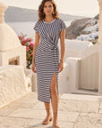 Marissa Side-Knot Midi Dress rib knit stripe fabric midi length with side slit and faux side-knot detail