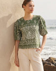 Green Rosie Puff Sleeve Top with stamped scarf cotton print and scoop neckline