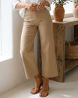 Rylee Crop Pants wide-leg cropped bungee twill pants with button-zipper closure and belt loops