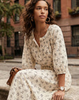 Sam 3/4 Sleeve Peasant Top with airy sleeves and gathered neckline in cream and black bouquet cotton poplin print