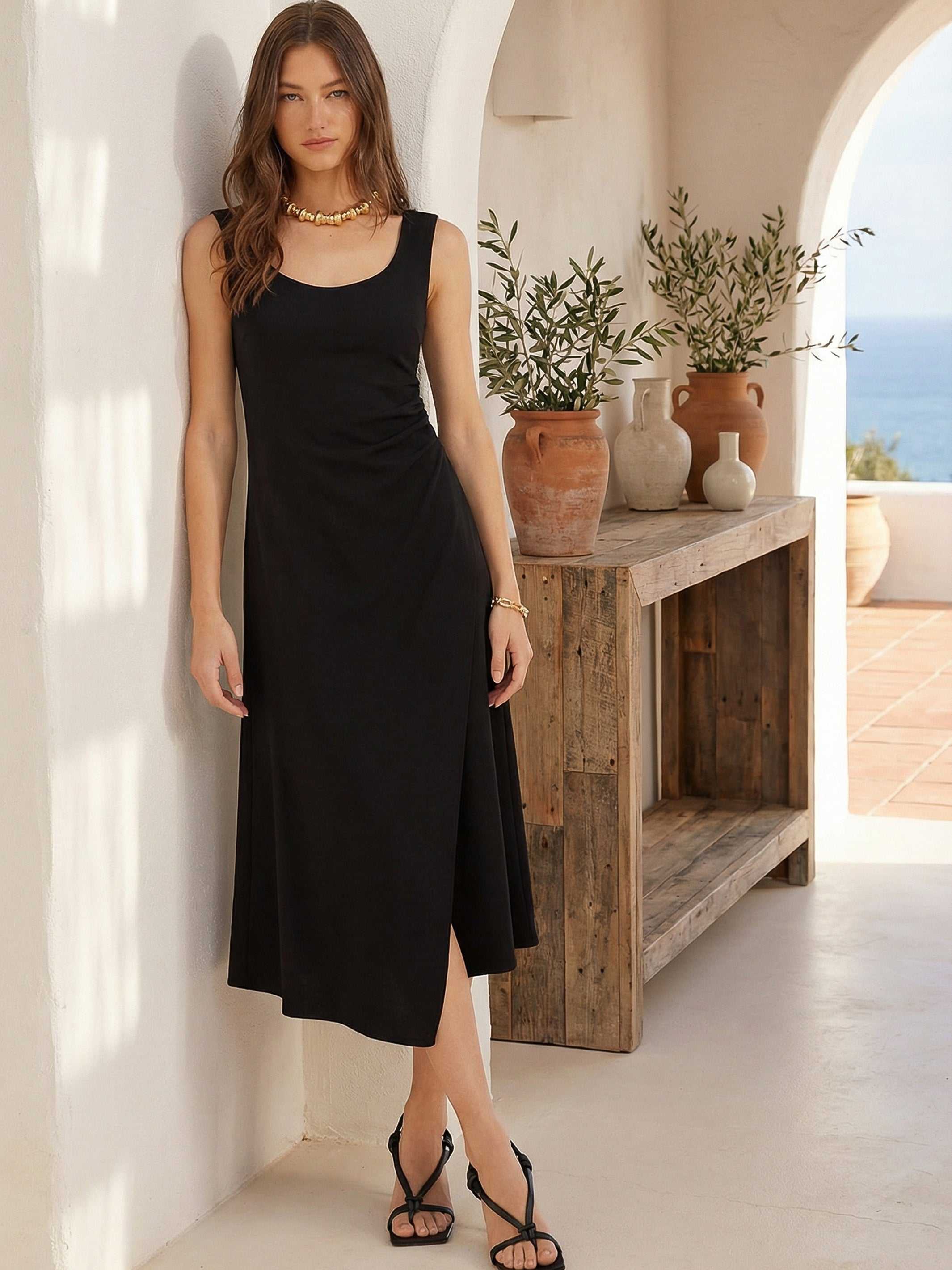 Shari Side-Pleat Dress - Elegant Sleeveless Crepe Dress for All