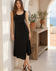Shari Side-Pleat Dress sleeveless scoop neck with side pleat detail in stretch crepe fabric